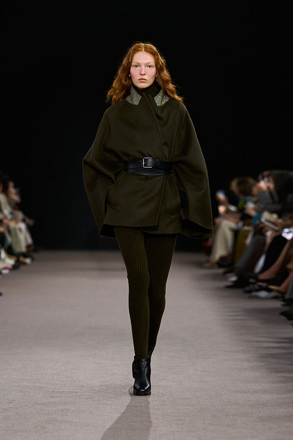 Max Mara Fall/Winter 2025 Fashion Show - Moss Green Look with Belted Coat, Belt, Leggings and Leather Booties.